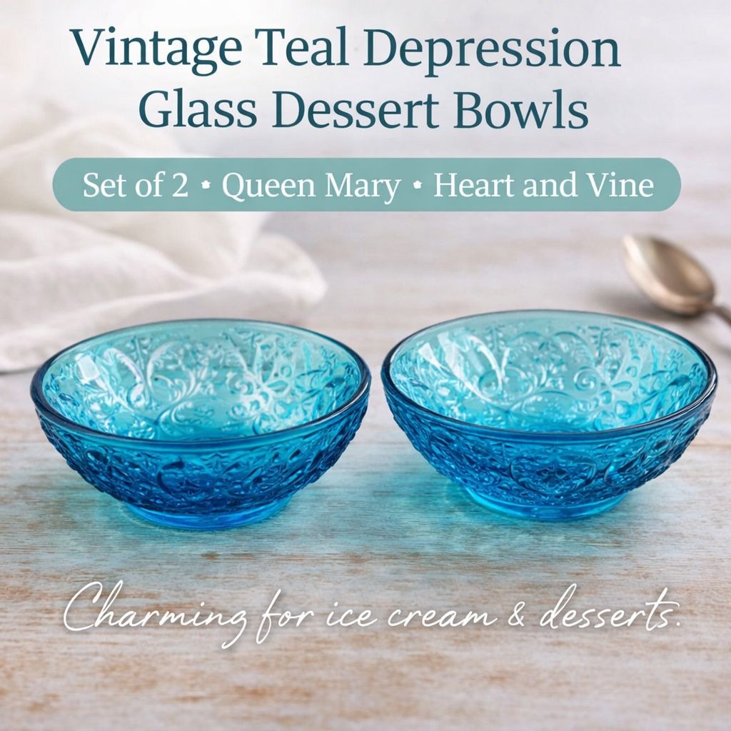 Vintage Teal Glass Dessert Bowls Set of 2 Queen Mary Depression Glass Heart Vine Ice Cream Dishes Blue Trinket Bowls 1930s
