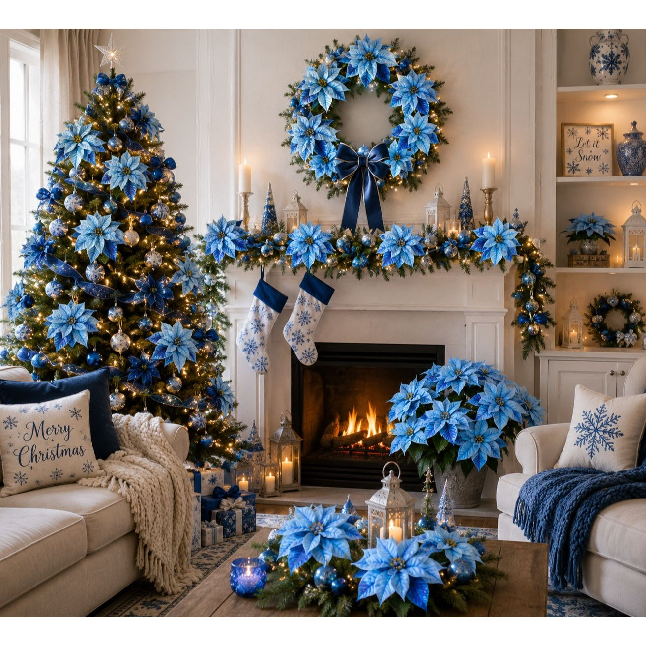 Decorated living room with Christmas tree, wreath, and stockings in blue and gold.