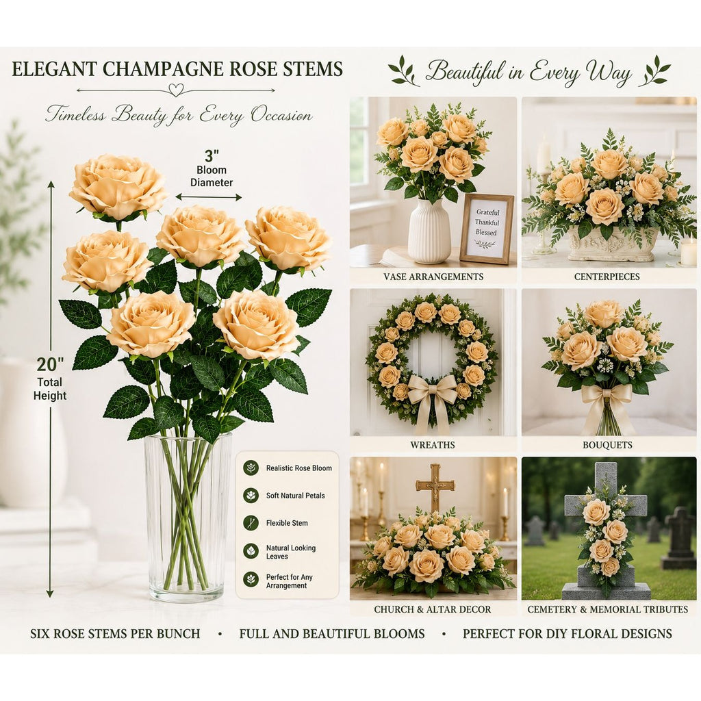 Set of 6 Champagne Artificial Rose Stems 20 Inch Faux Roses Wedding Bouquet Roses Centerpiece Flowers Floral Arrangement Decor