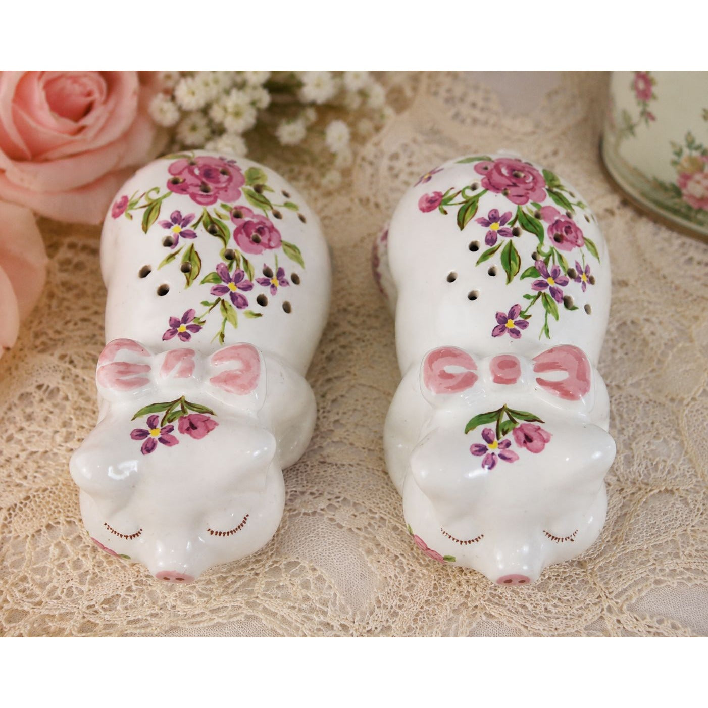 Set of 2 Vintage Avon Sleeping Pig Pomander Holders 1978 Ceramic Sachet Potpourri Holders Pink Floral Cottagecore Decor Made in Brazil
