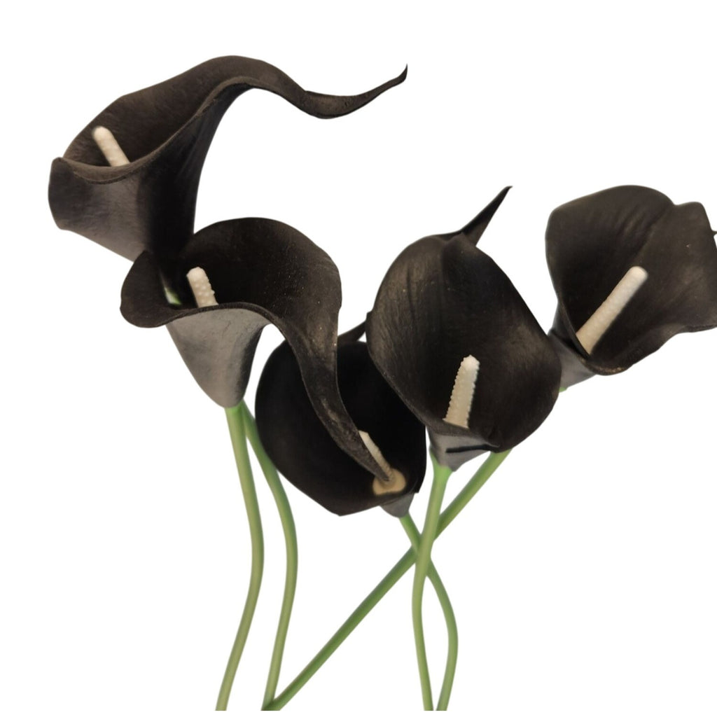 Black Calla Lily Faux Flowers Set of 5 Artificial Stems Gothic Modern Home Decor
