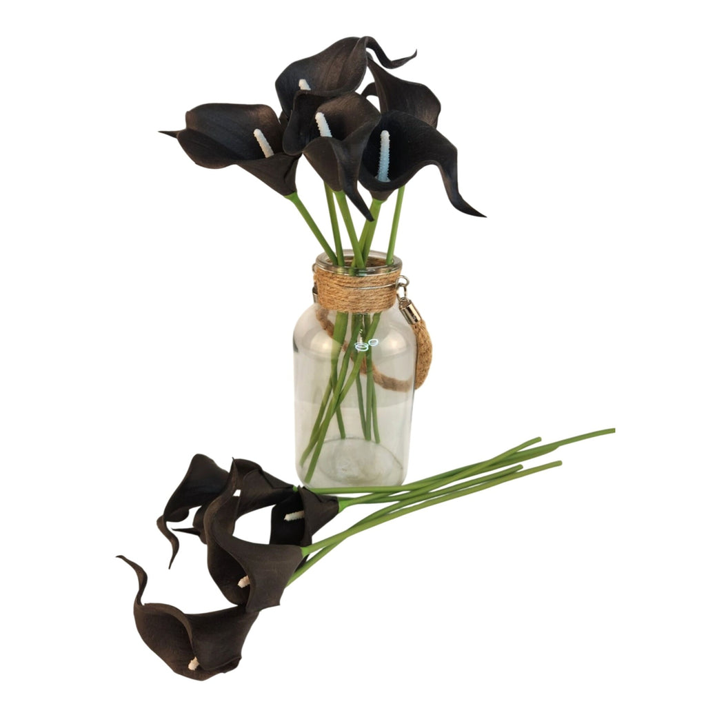 Black Calla Lily Faux Flowers Set of 5 Artificial Stems Gothic Modern Home Decor
