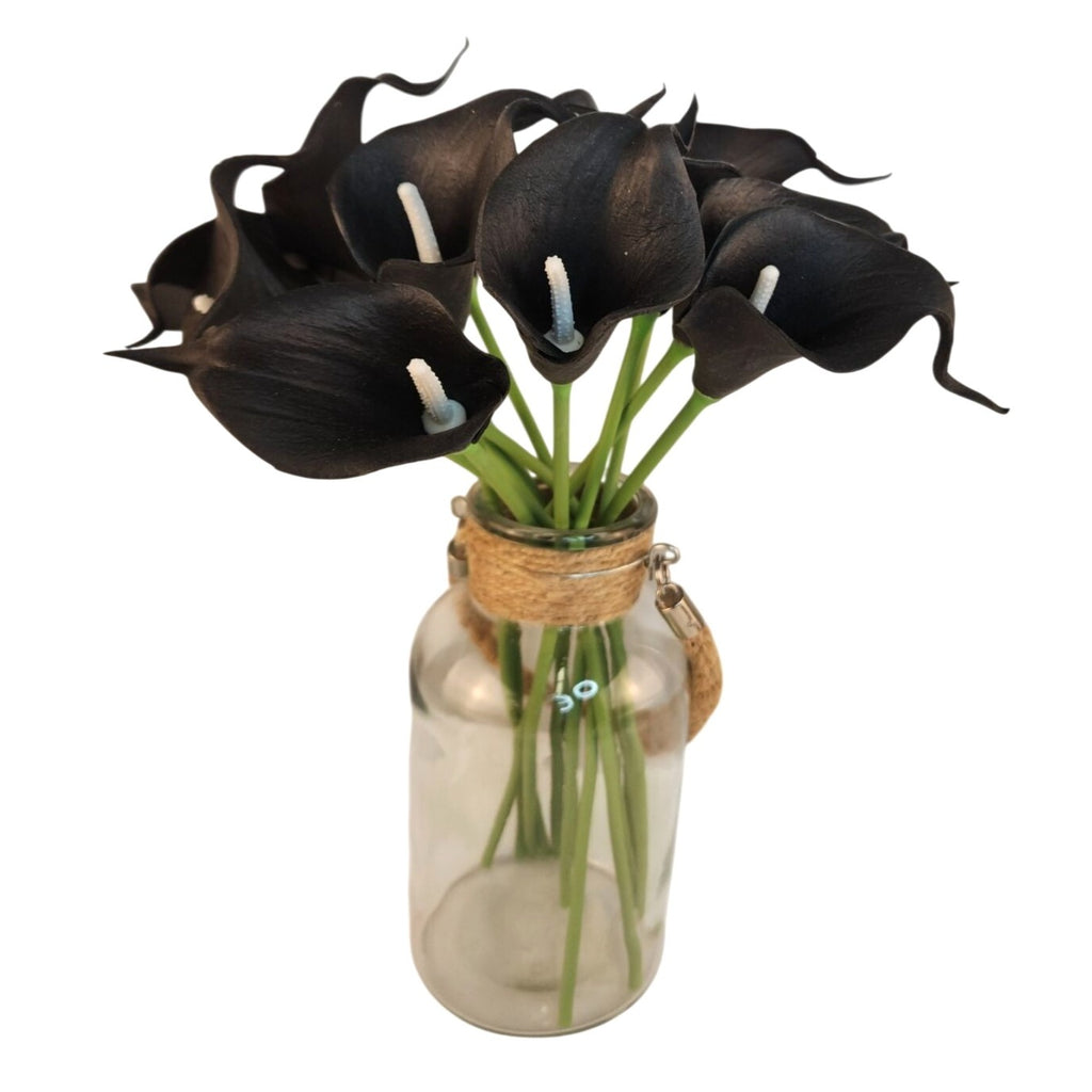 Black Calla Lily Faux Flowers Set of 5 Artificial Stems Gothic Modern Home Decor