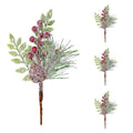 Frosted pine branch with green leaves, red berries, and brown stem, shown with three smaller duplicate views on a white background.
