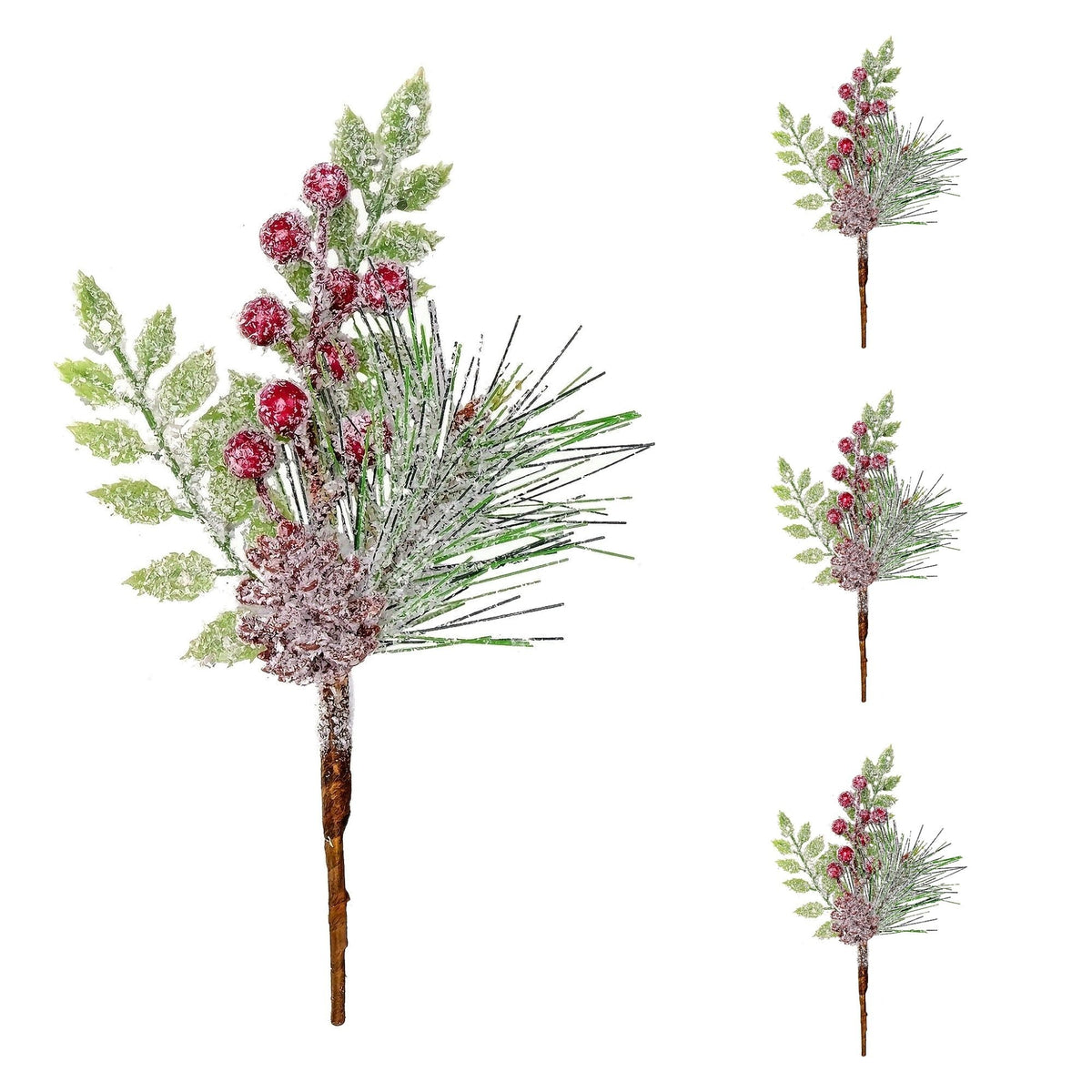 Frosted pine branch with green leaves, red berries, and brown stem, shown with three smaller duplicate views on a white background.