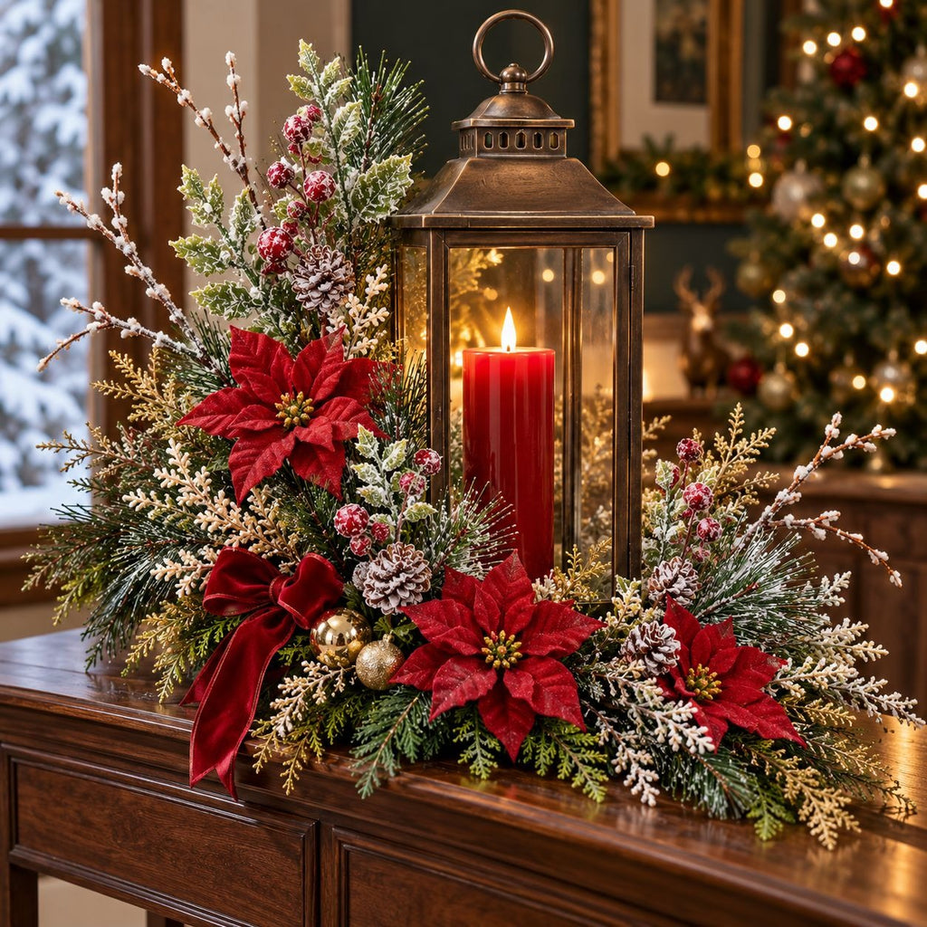 A festive holiday centerpiece on a wooden table, featuring a dark bronze lantern with a lit red pillar candle, surrounded by red poinsettias, green and gold mistletoe foliage, a red velvet bow, and small gold ornaments. The background shows a softly blurred Christmas tree with warm lights.