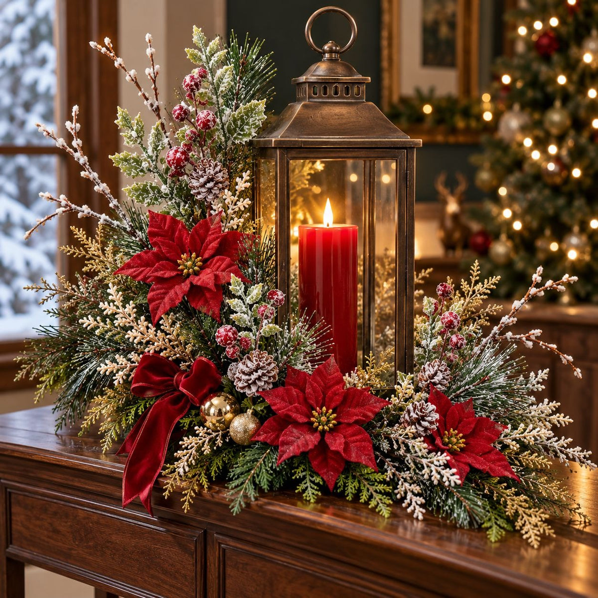 A festive holiday centerpiece on a wooden table, featuring a dark bronze lantern with a lit red pillar candle, surrounded by red poinsettias, green and gold mistletoe foliage, a red velvet bow, and small gold ornaments. The background shows a softly blurred Christmas tree with warm lights.