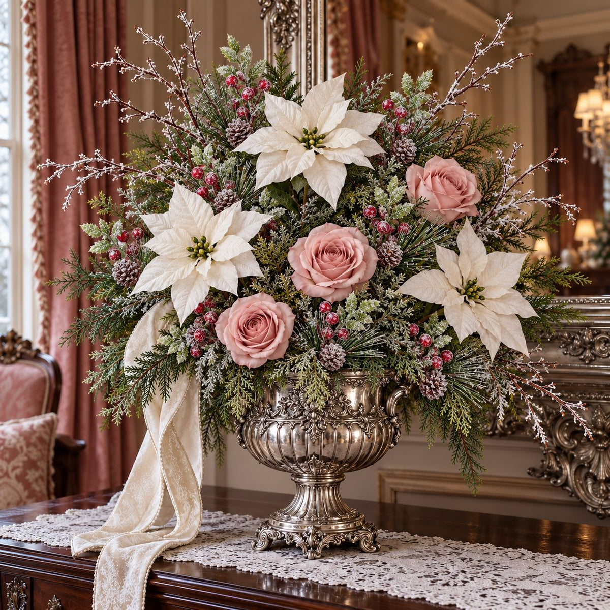 A large holiday floral arrangement in a silver urn, featuring white poinsettias, pink roses, green pine branches, and small red berries, displayed on a table in an ornate room.