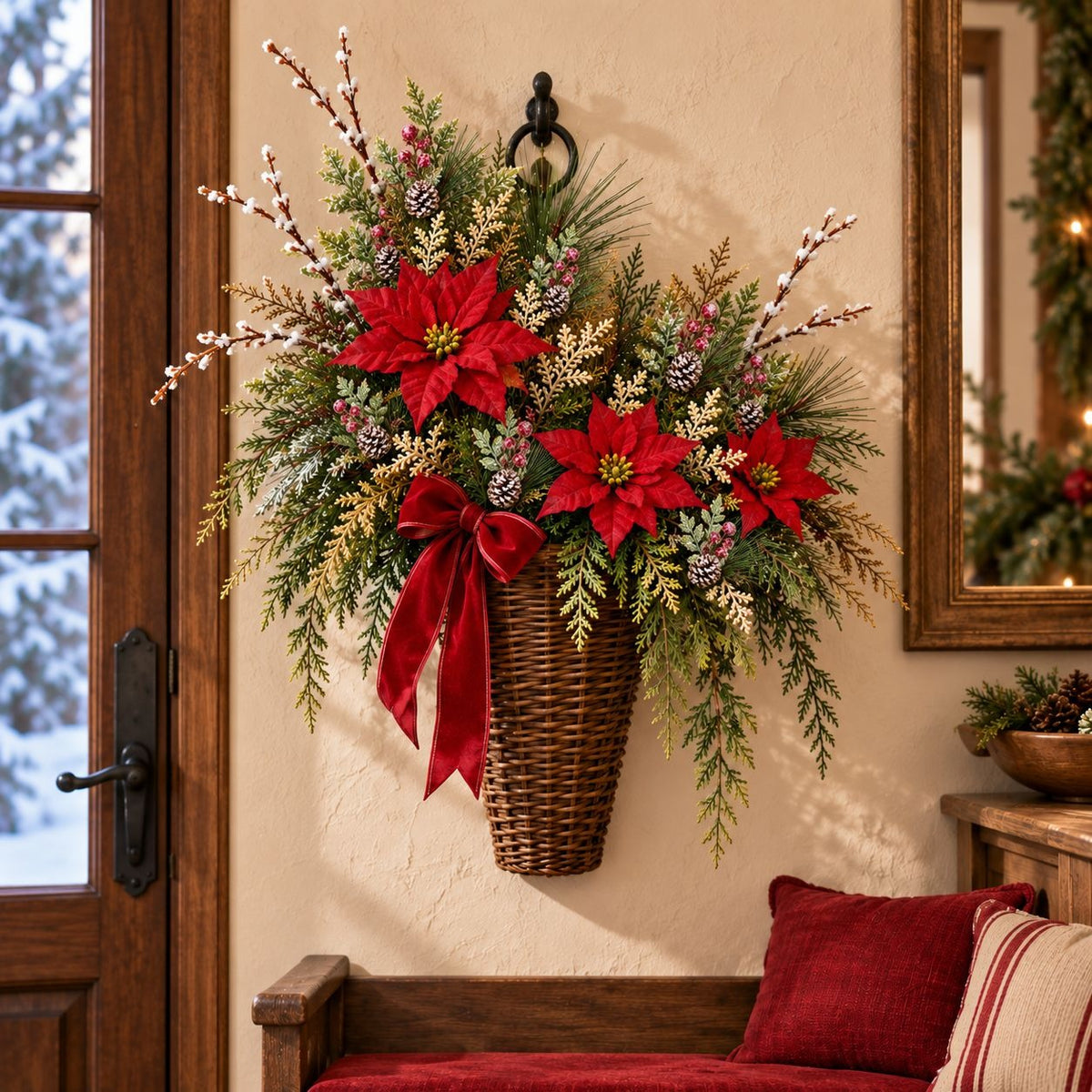 A festive artificial hanging basket wreath with red poinsettias, green pine branches, white berry sprigs, and a large red ribbon bow, displayed on a beige wall in a cozy room setting.
