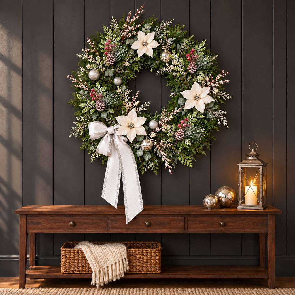 A festive Christmas wreath with white lilies, green foliage, silver ornaments, and a large white bow, hanging on a dark paneled wall above a wooden console table with a lantern and throw blanket.
