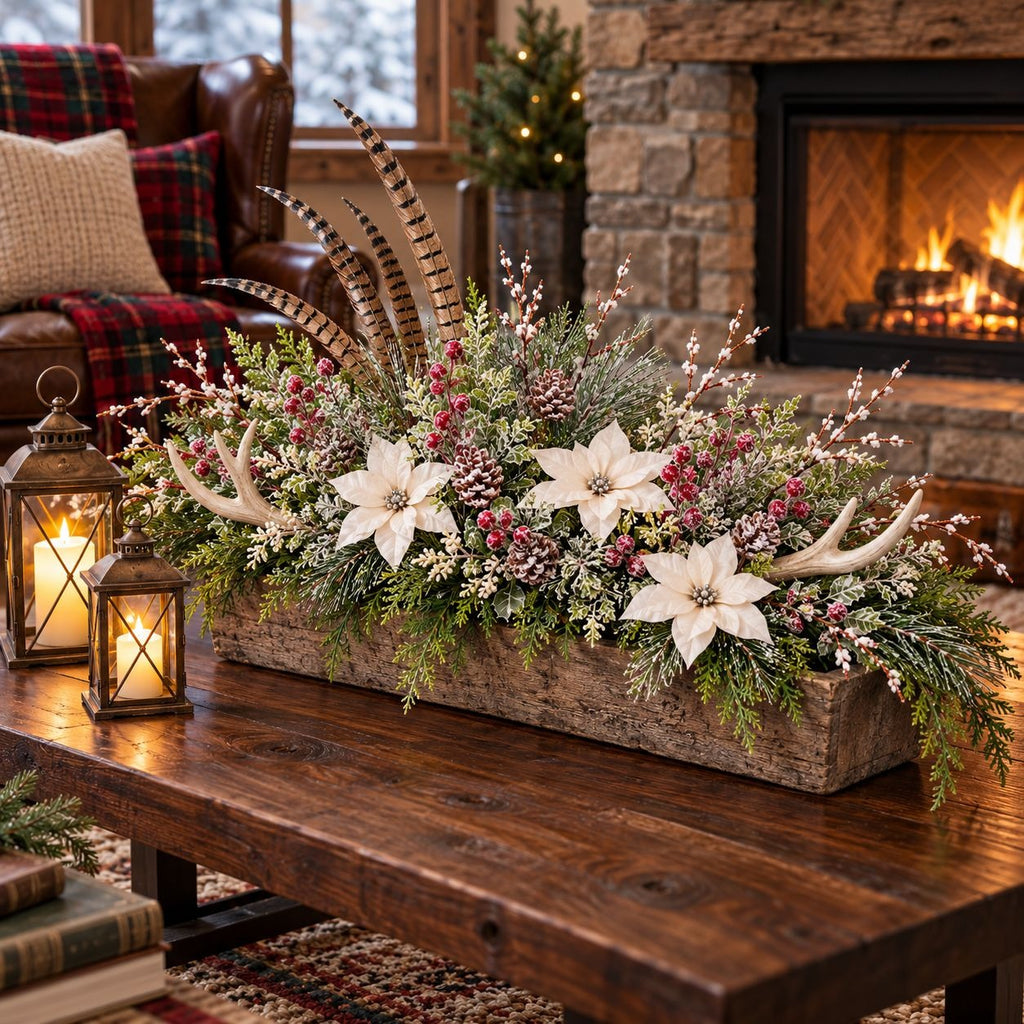 A rustic winter holiday floral centerpiece in a long weathered wooden box, displayed on a dark wood coffee table in a cozy living room with a fireplace, lanterns, and a leather armchair.