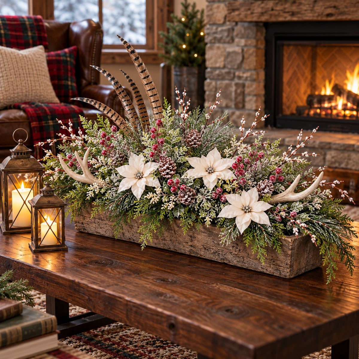 A rustic winter holiday floral centerpiece in a long weathered wooden box, displayed on a dark wood coffee table in a cozy living room with a fireplace, lanterns, and a leather armchair.