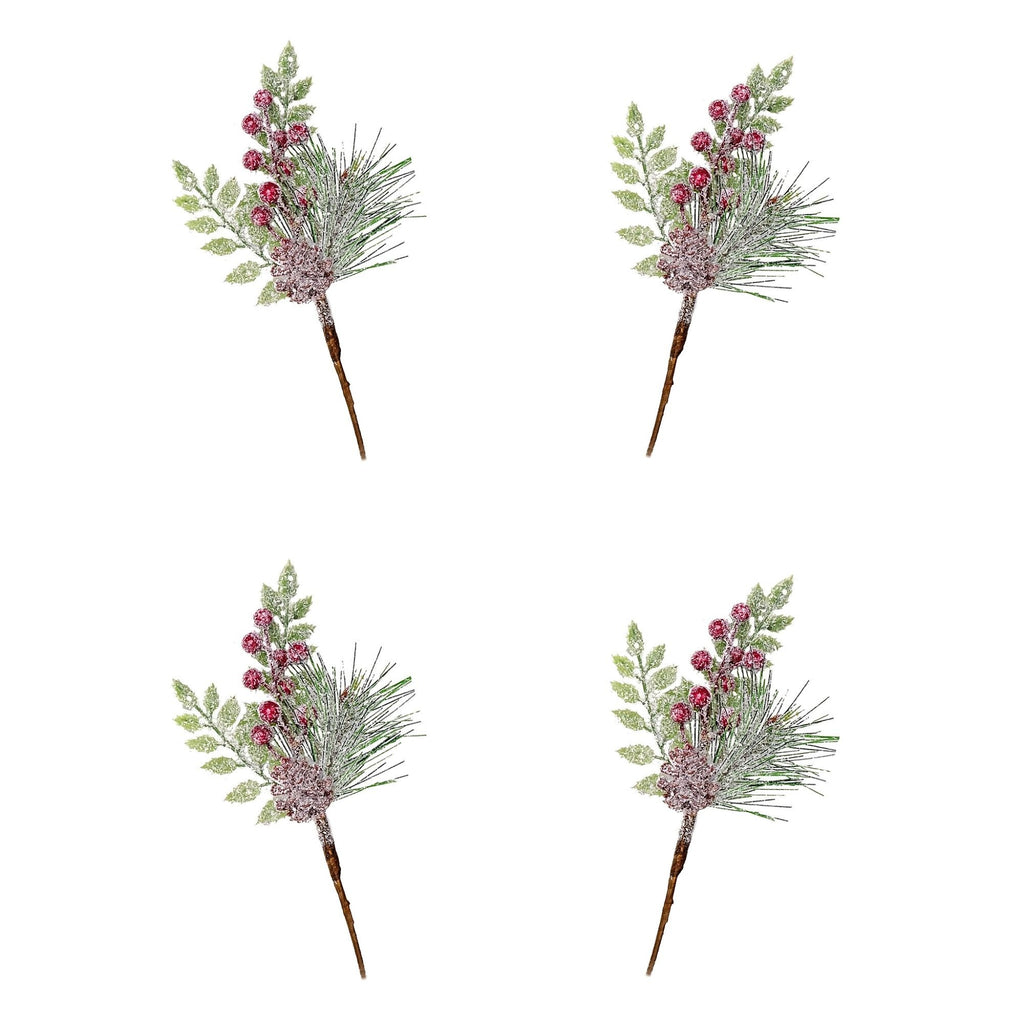 Four identical artificial holiday greenery stems with frosted pine needles, muted green leaves, and clusters of dusty pink berries on brown stems, arranged in a 2x2 grid on a white background.