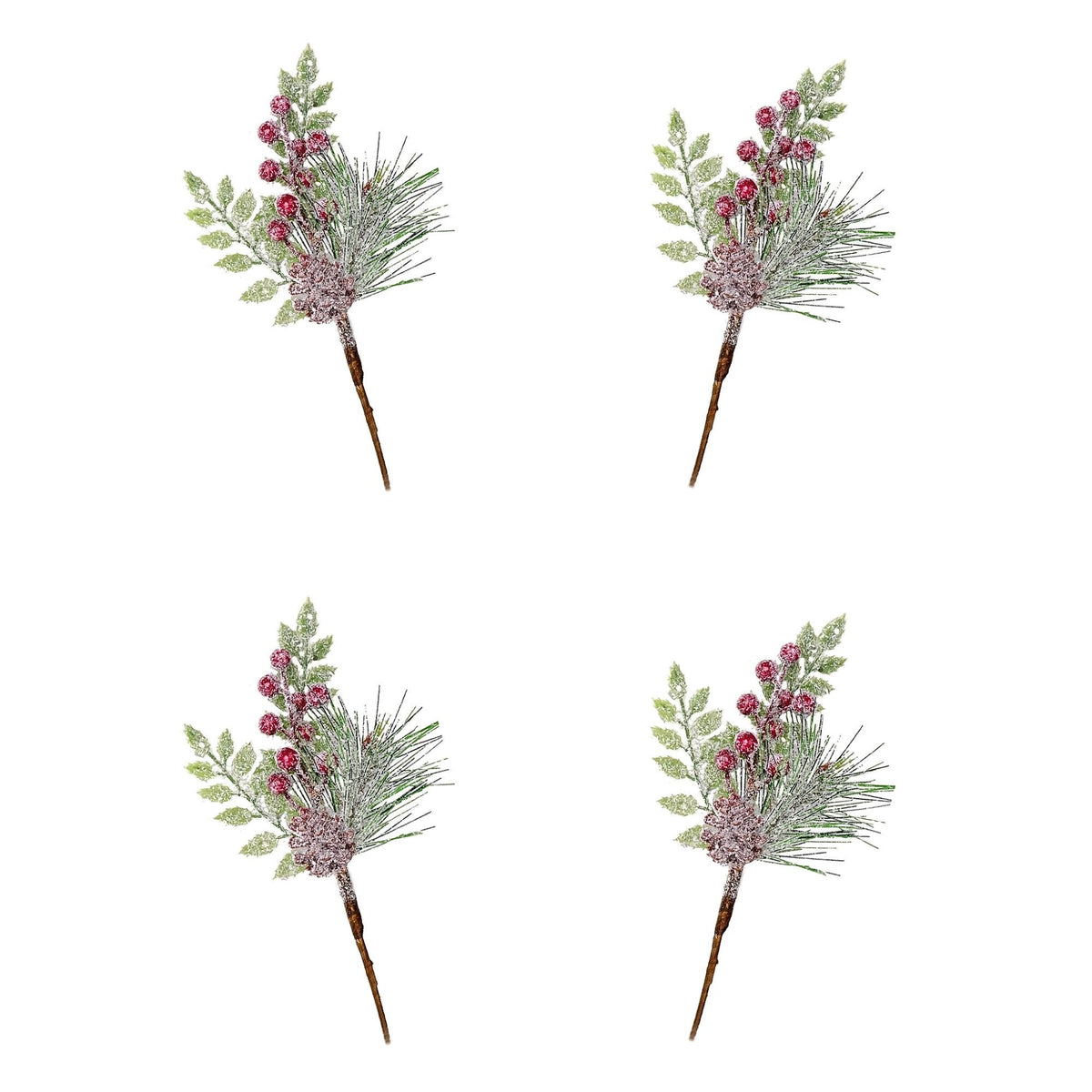 Four identical artificial holiday greenery stems with frosted pine needles, muted green leaves, and clusters of dusty pink berries on brown stems, arranged in a 2x2 grid on a white background.