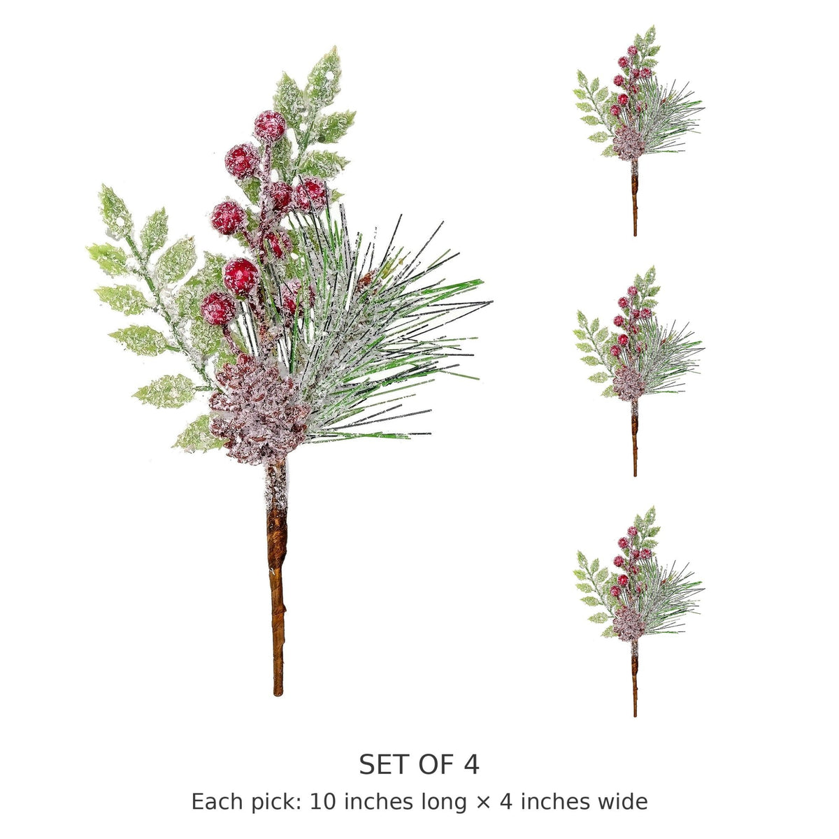 Snow Flocked Red Berry Picks with Faux Pinecones, Set of 4, 10 Inch