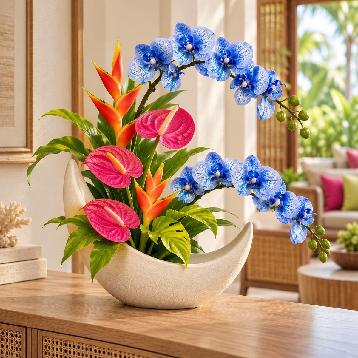 A tropical floral arrangement in a cream-colored crescent-shaped ceramic pot, placed on a wooden console table in a bright, modern living room. The arrangement features vibrant blue orchids, pink anthuriums, and orange bird of paradise flowers with lush green foliage.
