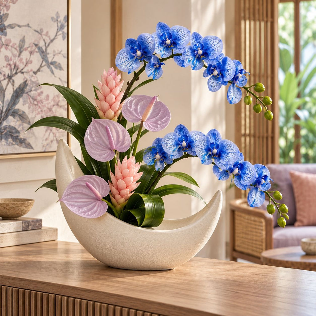 A ceramic crescent-shaped planter filled with an elegant floral arrangement featuring vibrant blue orchids, soft pink anthuriums, and pink ginger blossoms with green leaves, displayed on a wooden table in a serene, sunlit room.