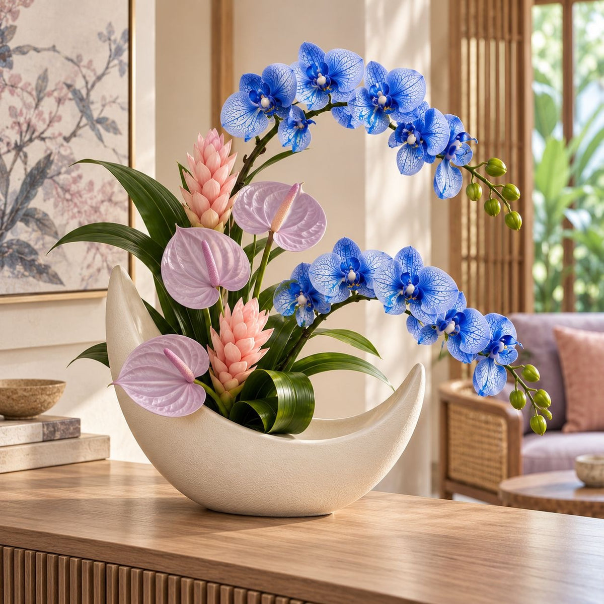 A ceramic crescent-shaped planter filled with an elegant floral arrangement featuring vibrant blue orchids, soft pink anthuriums, and pink ginger blossoms with green leaves, displayed on a wooden table in a serene, sunlit room.