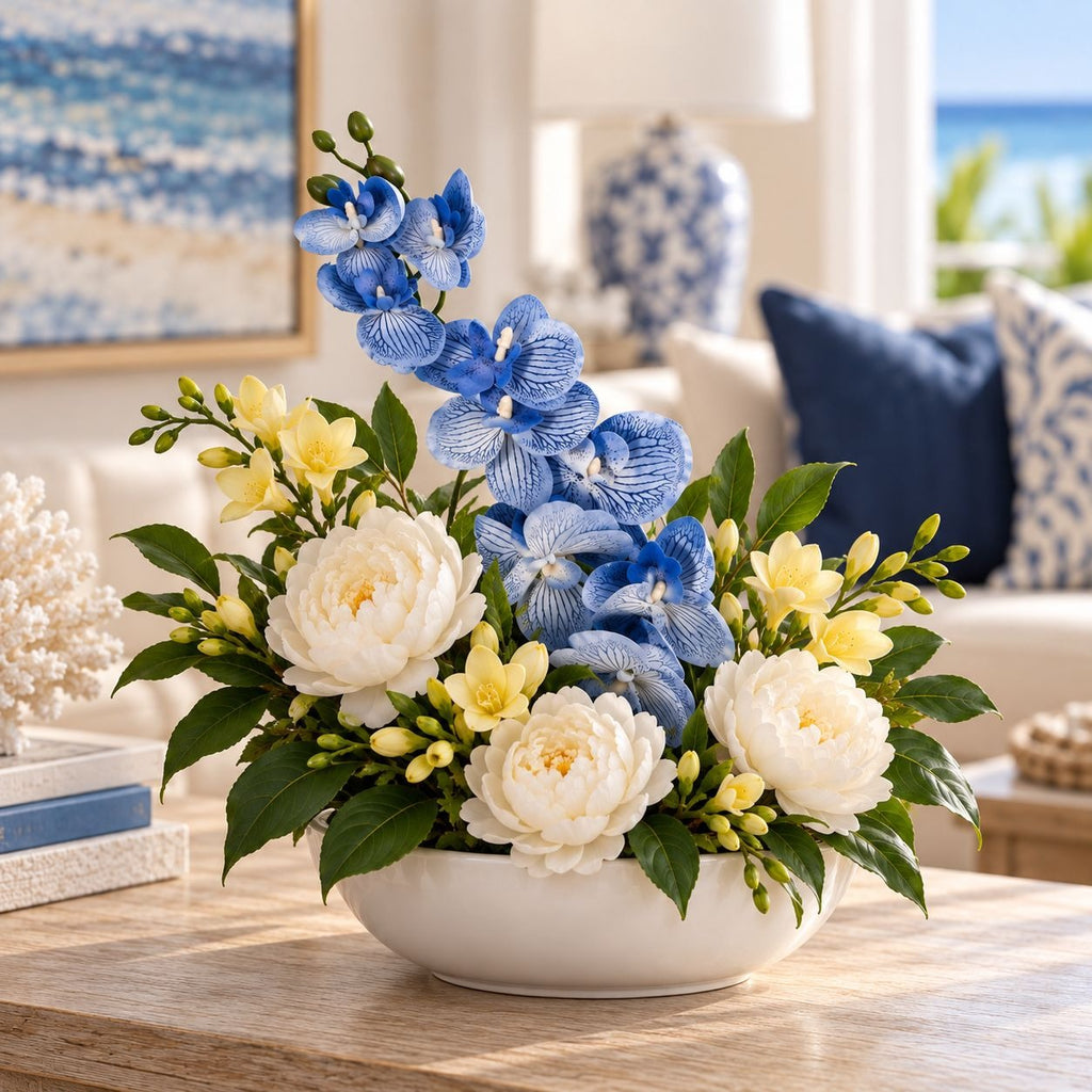 A floral arrangement in a white oval bowl, featuring blue orchids, white peonies, and yellow freesias with green leaves, displayed on a wooden table in a bright, modern living room.