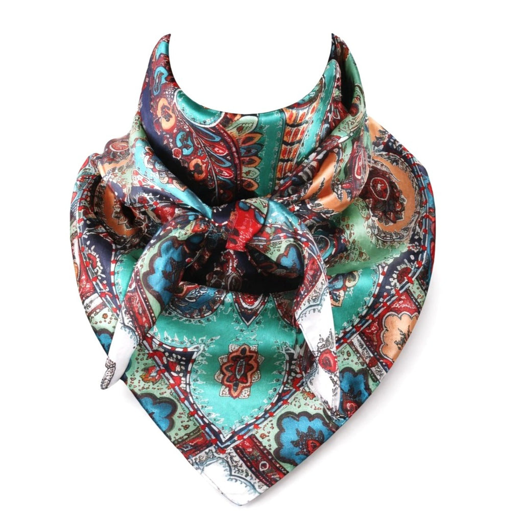 Silk Satin Wild Rag 35 Inch Square Western Scarf Paisley Southwestern Style Turquoise