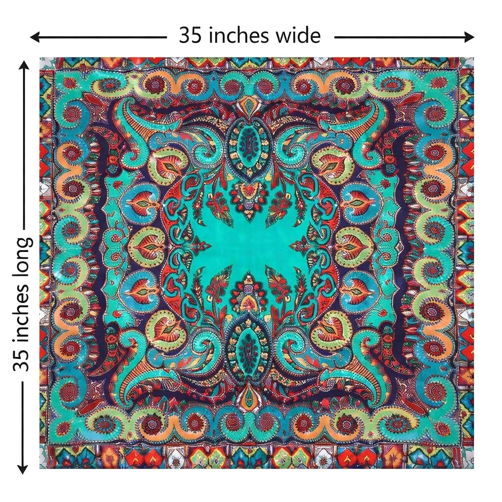 Colorful paisley patterned fabric with dimensions 35 inches wide and 35 inches long.