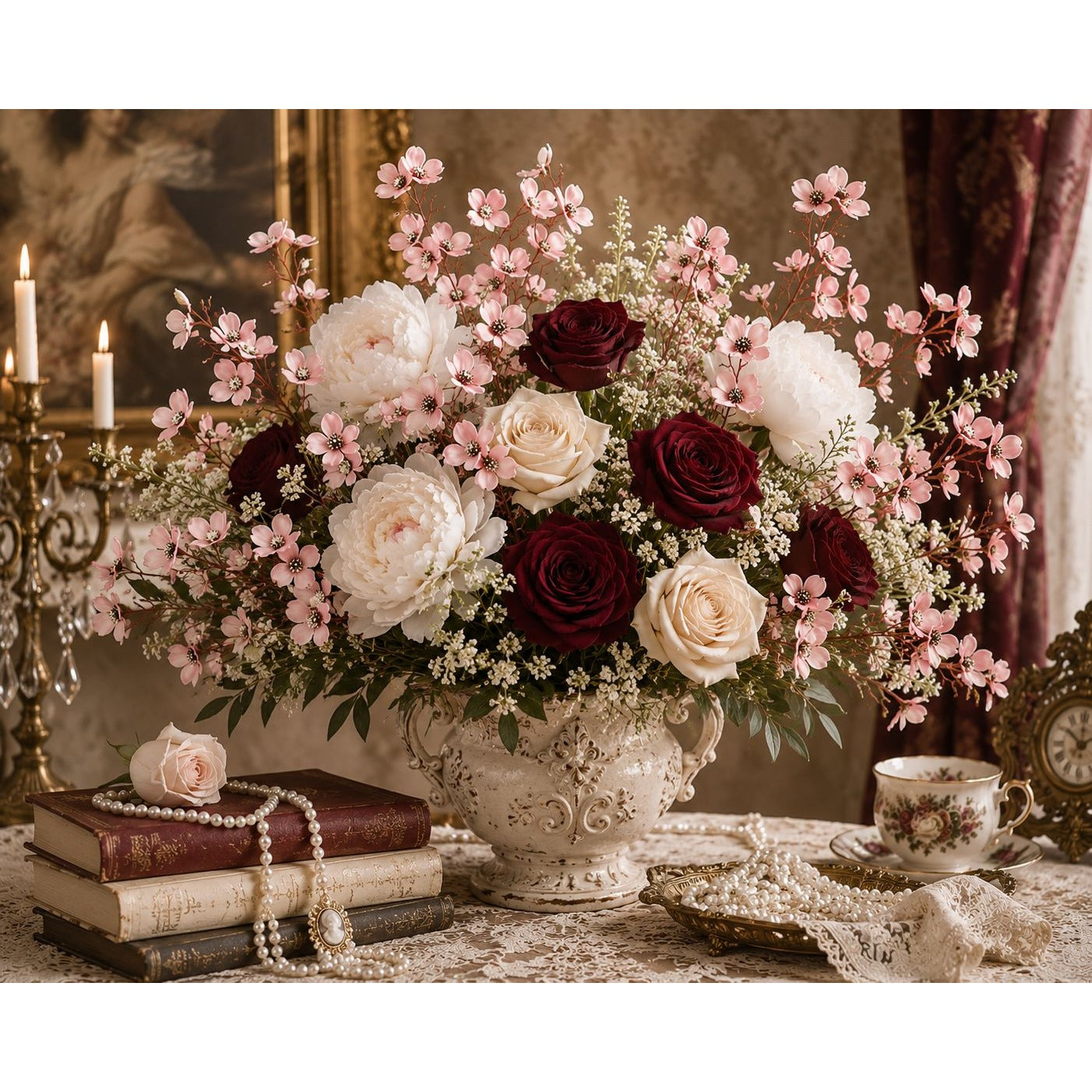 Decorative floral arrangement in an ornate vase on a table with candles and books.