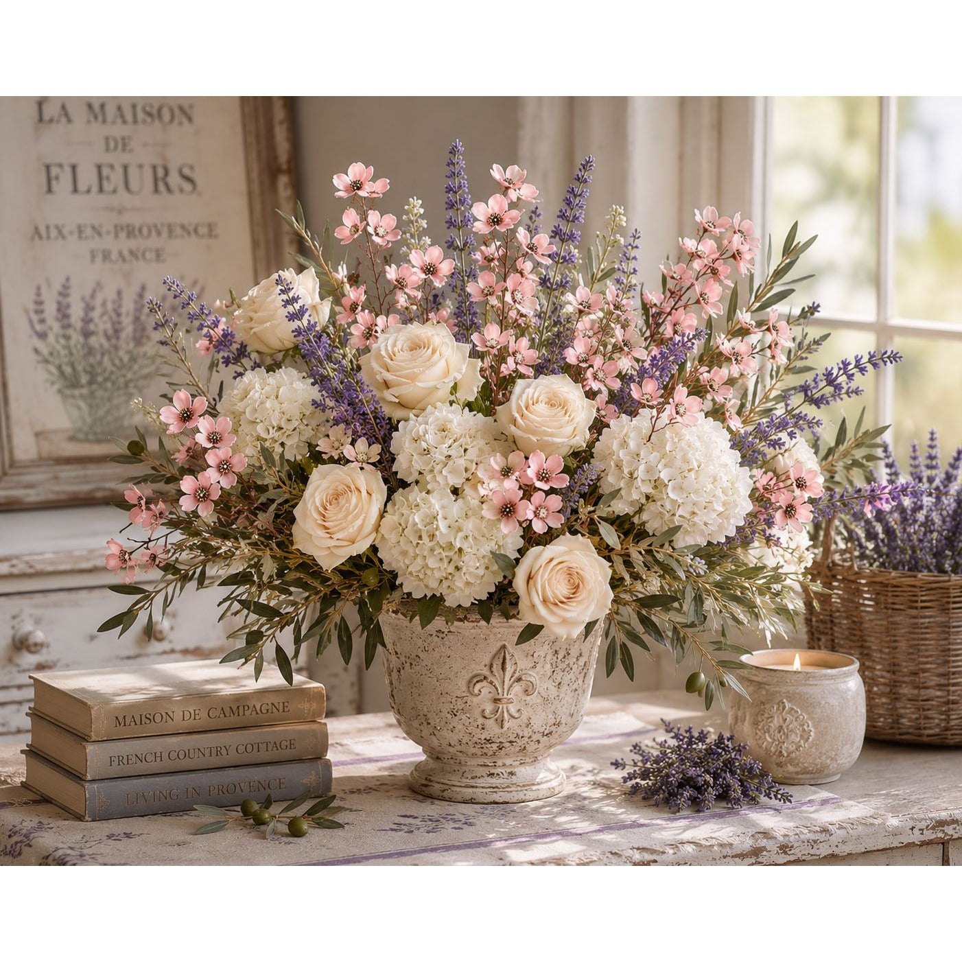 Floral arrangement in a decorative vase on a table with books and candles.