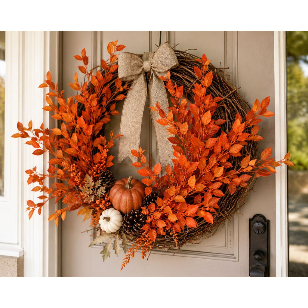 Artificial Orange Fall Leaf Bush 13 Inch Faux Autumn Foliage Stem Wreath Filler Harvest Thanksgiving Decor