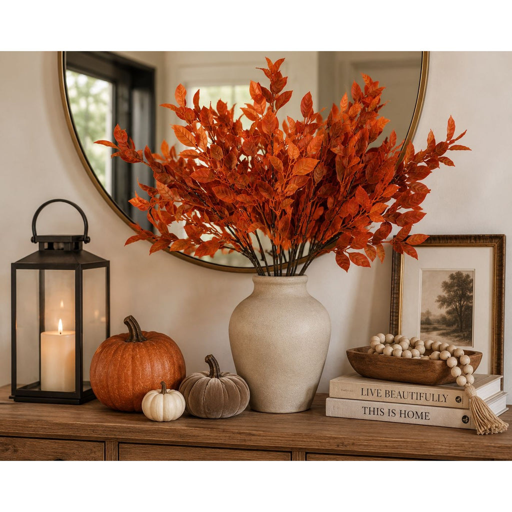 Artificial Orange Fall Leaf Bush 13 Inch Faux Autumn Foliage Stem Wreath Filler Harvest Thanksgiving Decor