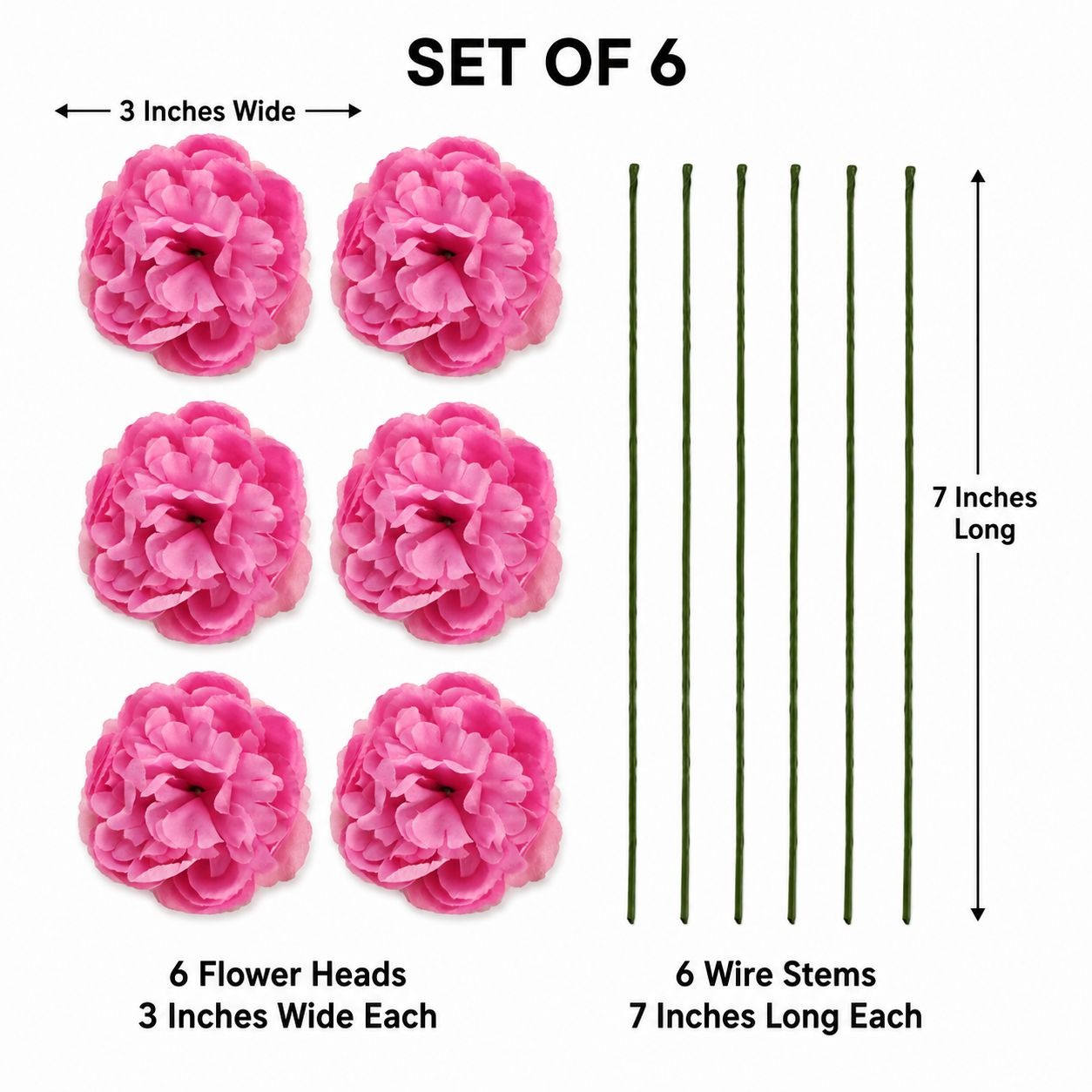 Pink Ranunculus Peony Style Artificial Flowers Set of 6, 3 in Flower Heads