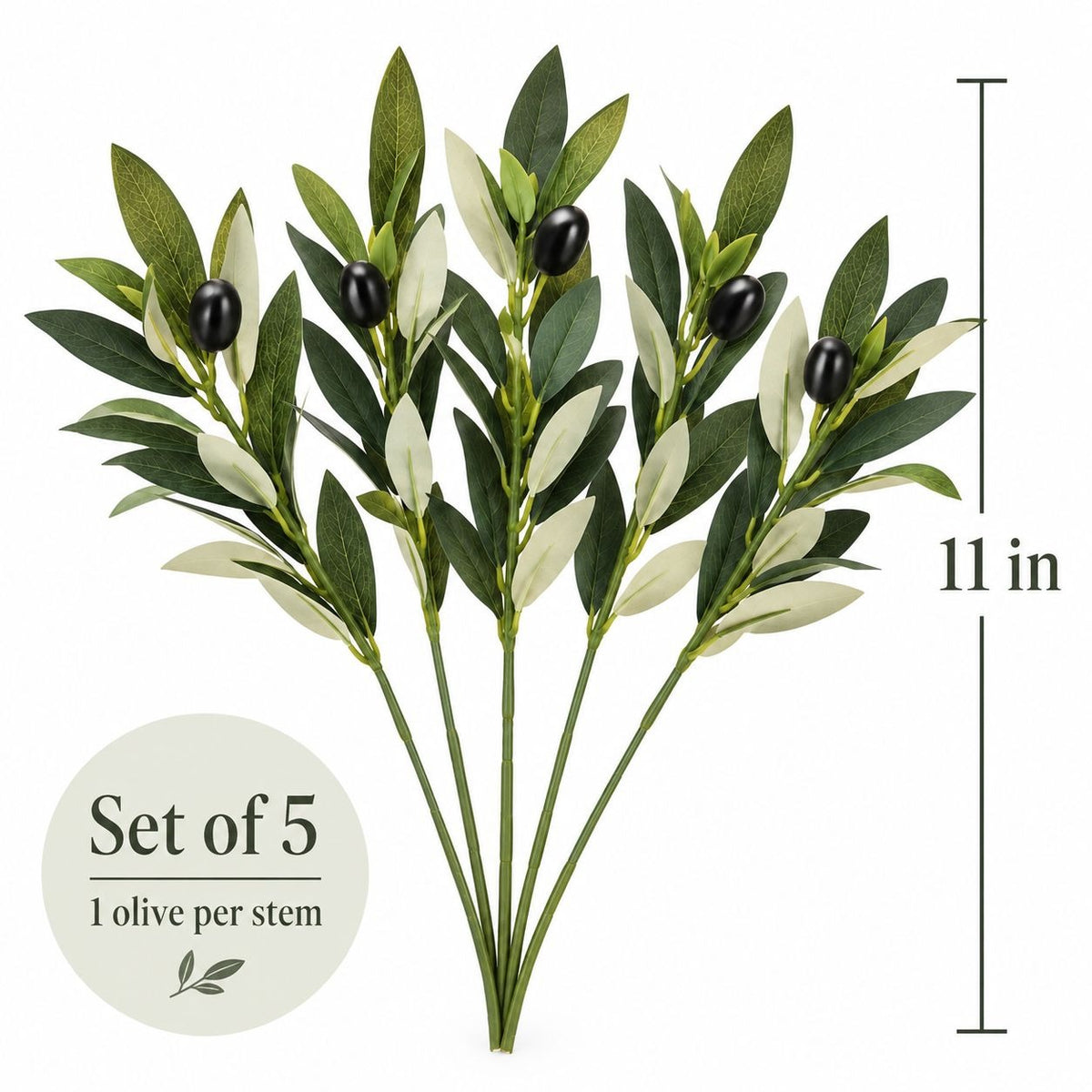Set of 5 artificial olive branches with dark green leaves, cream-colored leaves, and black olives, shown with a 11-inch height marker and a 'Set of 5' label on a white background.