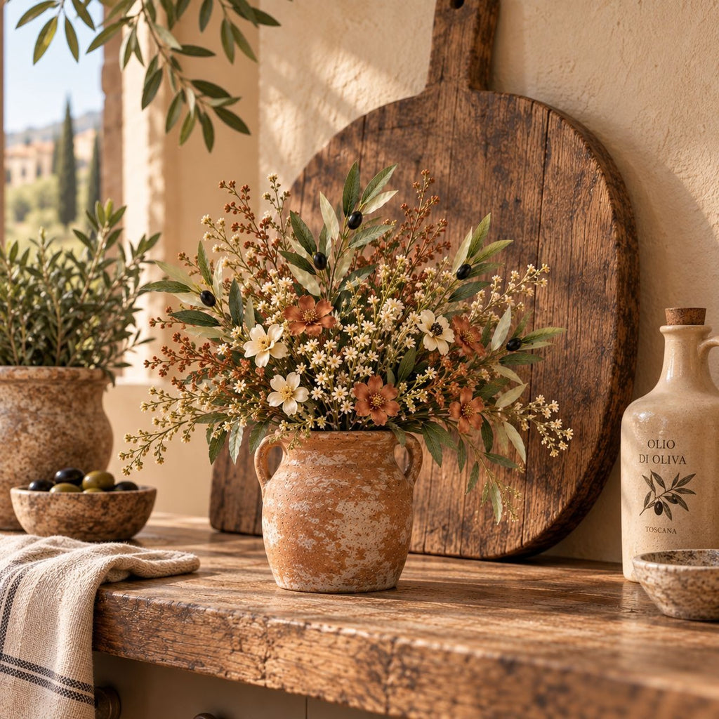 A rustic dried flower arrangement in a small terracotta vase sits on a wooden table, styled with a large wooden cutting board, olive oil bottle, and potted plants in a warm, sunlit interior.