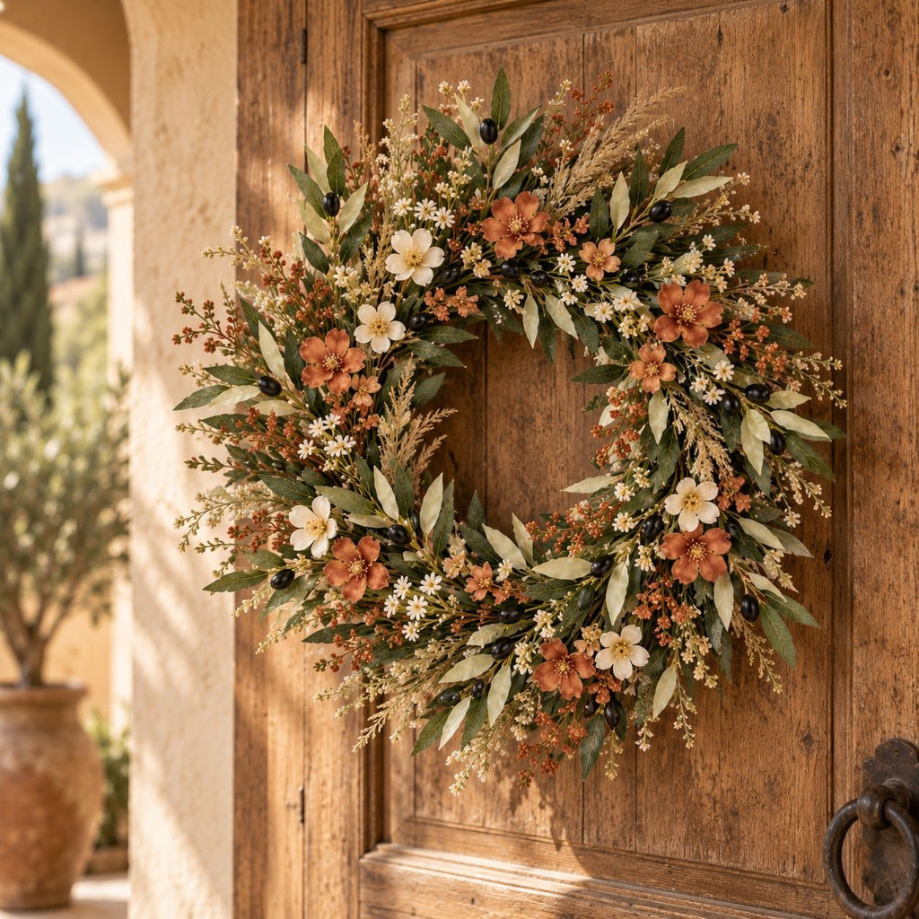 A rustic dried floral wreath with green leaves, terracotta flowers, and cream blossoms hanging on a weathered wooden door.