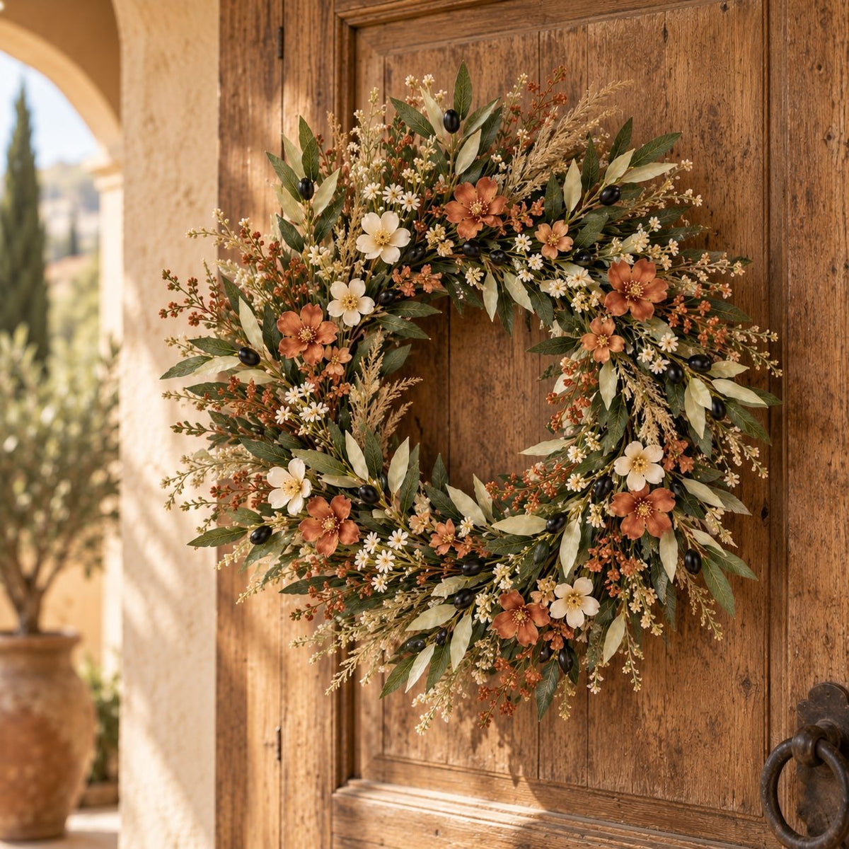 A rustic dried floral wreath with green leaves, terracotta flowers, and cream blossoms hanging on a weathered wooden door.