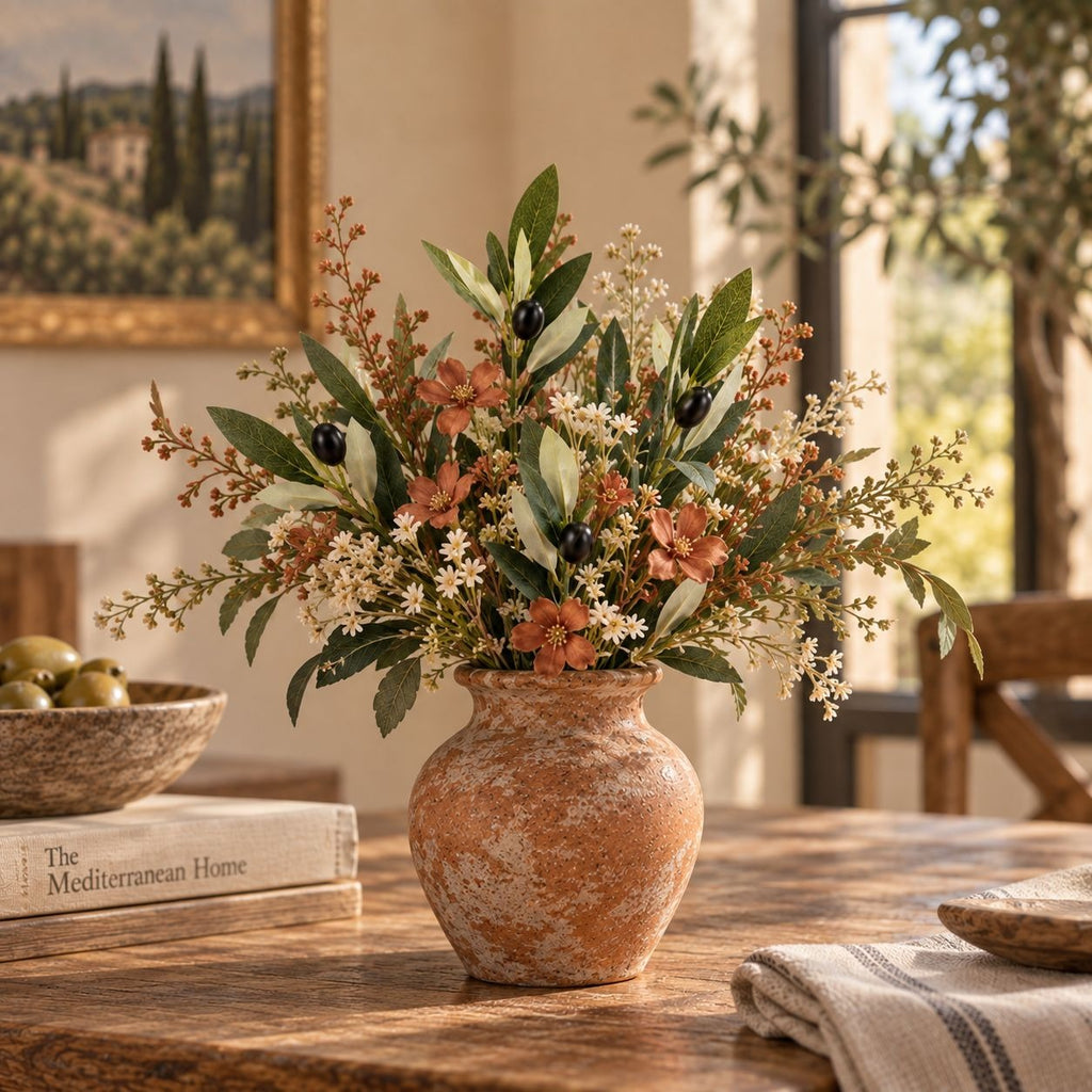 A rustic terracotta vase filled with a Mediterranean-style floral arrangement featuring green leaves, small white blossoms, peach flowers, and dark olives, displayed on a wooden dining table in a warm, sunlit room.