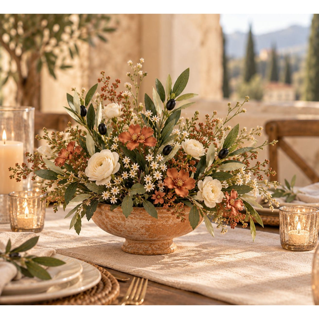 A rustic ceramic bowl filled with a dried floral centerpiece arrangement, styled on a dining table with candles, plates, and a softly blurred outdoor background.