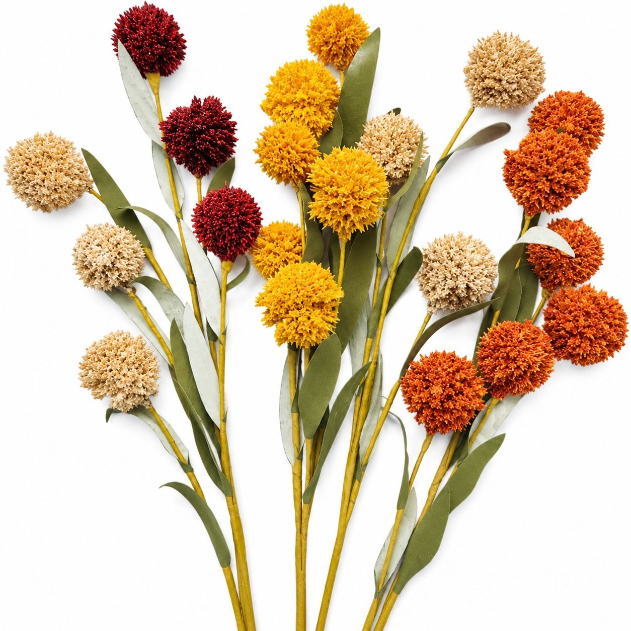 Artificial Pompom Flower Stems Set of 5, 17-Inch Burgundy Gold Rust Cream