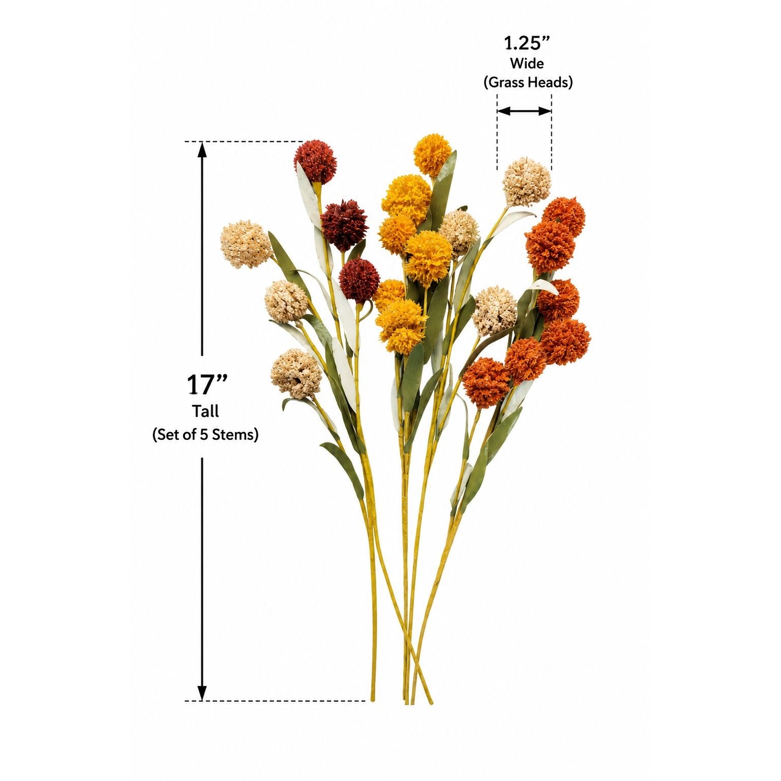 Artificial Pompom Flower Stems Set of 5, 17-Inch Burgundy Gold Rust Cream