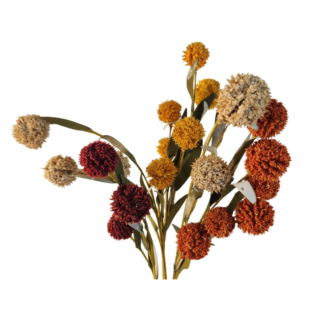 Artificial Pompom Flower Stems Set of 5, 17-Inch Burgundy Gold Rust Cream