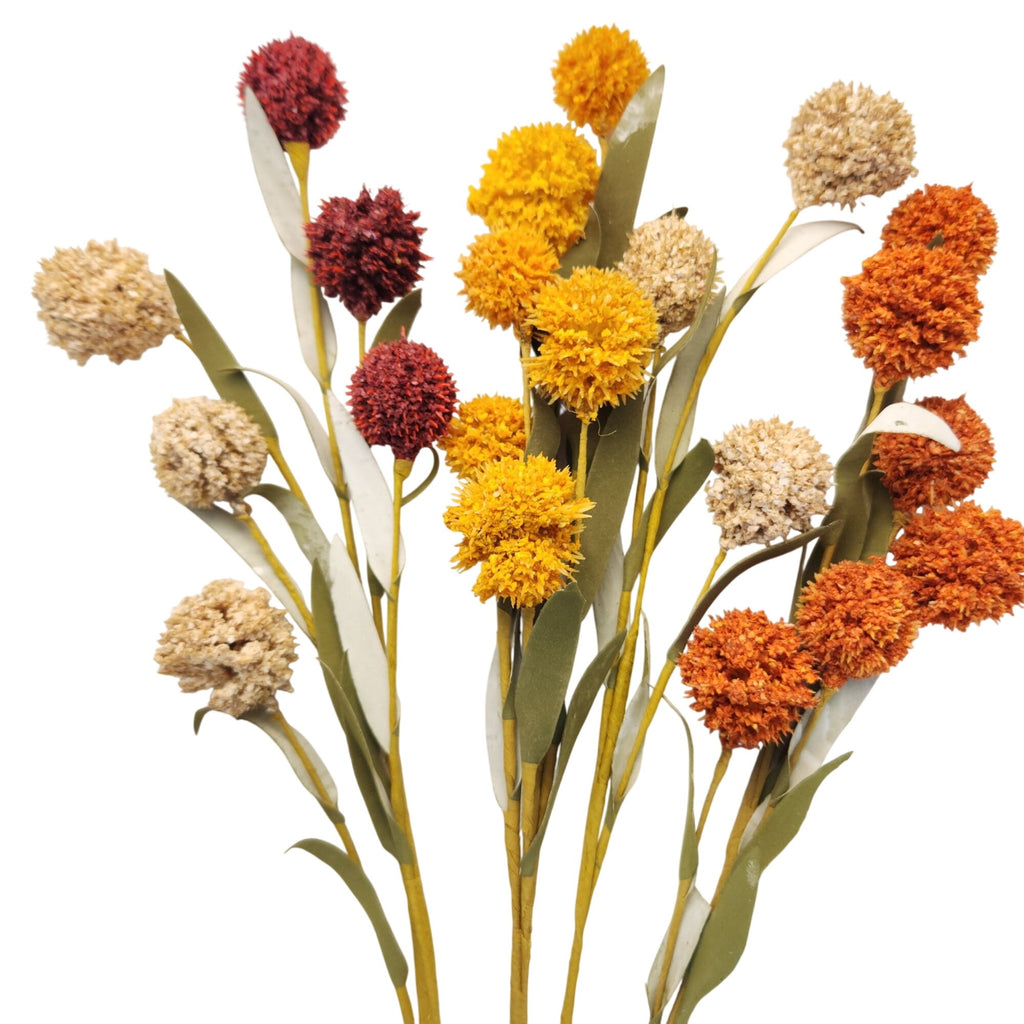 Artificial Pompom Flower Stems Set of 5, 17-Inch Burgundy Gold Rust Cream