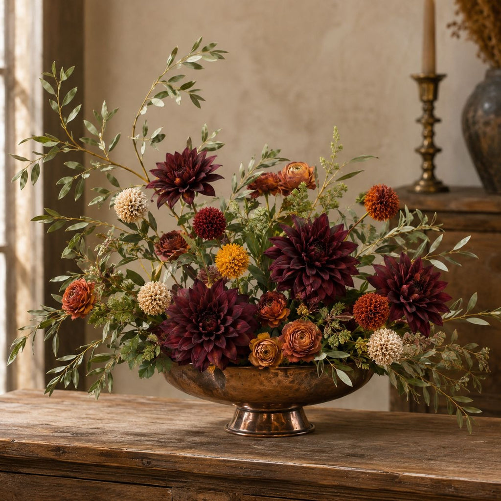 Artificial Pompom Flower Stems Set of 5, 17-Inch Burgundy Gold Rust Cream