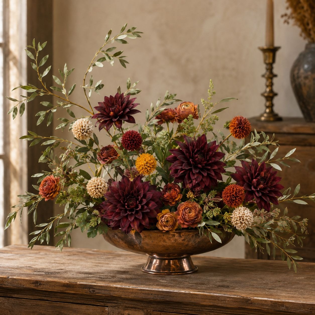 Artificial Pompom Flower Stems Set of 5, 17-Inch Burgundy Gold Rust Cream