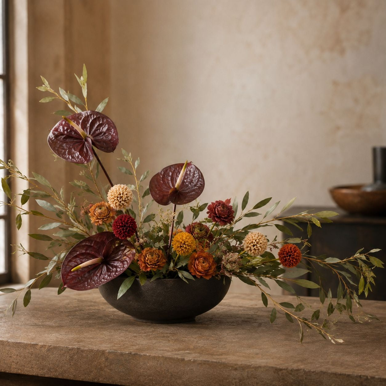 Artificial Pompom Flower Stems Set of 5, 17-Inch Burgundy Gold Rust Cream
