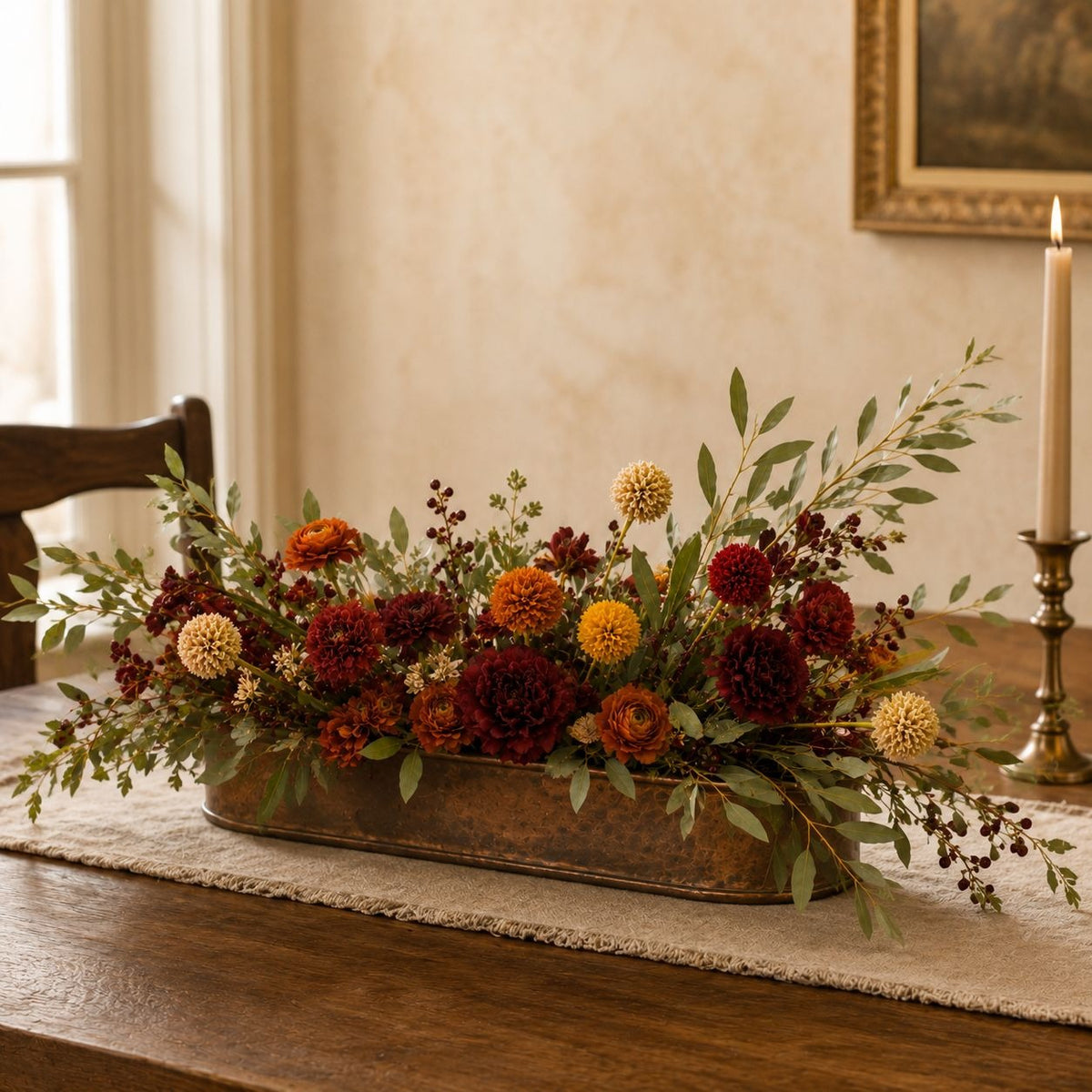 Artificial Pompom Flower Stems Set of 5, 17-Inch Burgundy Gold Rust Cream