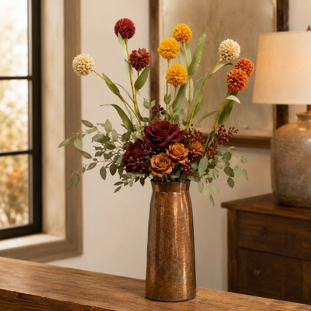 Artificial Pompom Flower Stems Set of 5, 17-Inch Burgundy Gold Rust Cream