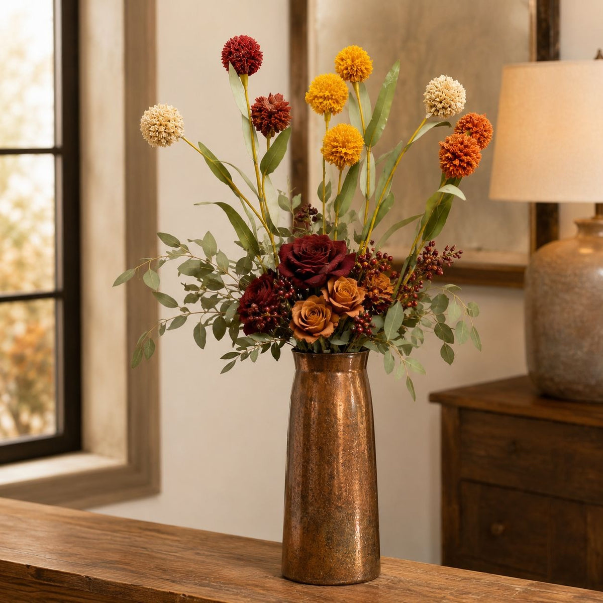 Artificial Pompom Flower Stems Set of 5, 17-Inch Burgundy Gold Rust Cream