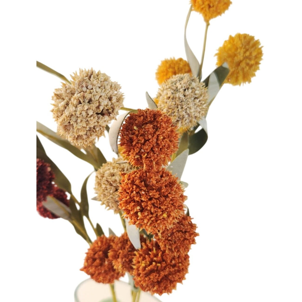 Artificial Pompom Flower Stems Set of 5, 17-Inch Burgundy Gold Rust Cream