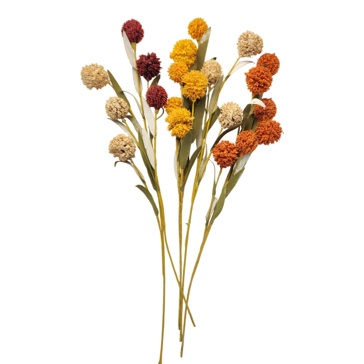 Artificial Pompom Flower Stems Set of 5, 17-Inch Burgundy Gold Rust Cream