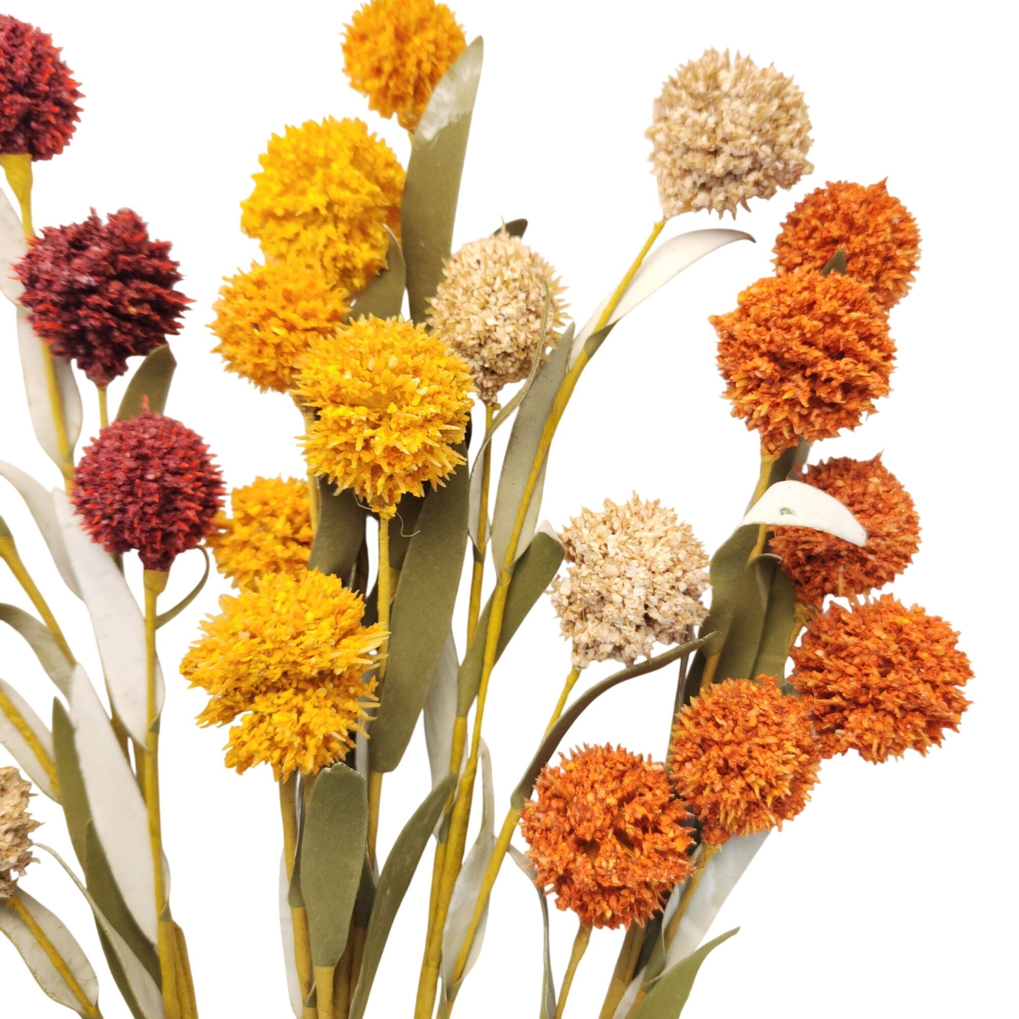 Artificial Pompom Flower Stems Set of 5, 17-Inch Burgundy Gold Rust Cream