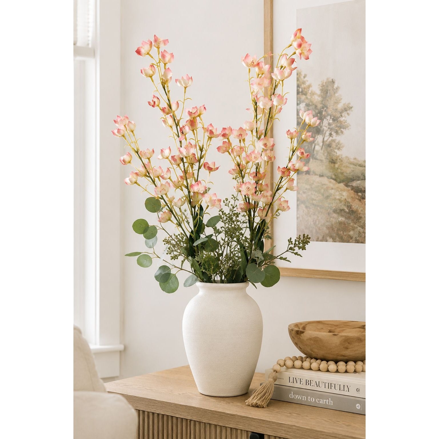 Artificial Dogwood Style Flower Stems Set of 2 Blush Pink White Faux Floral Branches 38 Inch Tall Wedding Filler Vase Decor
